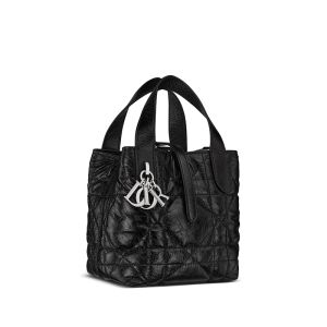 Nano Dior Toujours Vertical Tote Bag In Macrocannage Crinkled Calfskin Black