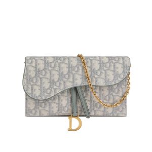 Small Dior Saddle Pouch with Chain In Oblique Jacquard Grey