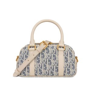 Nano Dior D-Vibe East-West Bag In Oblique Chambray Raffia Blue