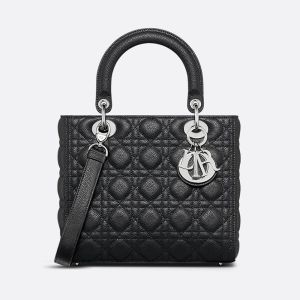 Medium Lady Dior Bag In Cannage Grained Calfskin Black/Silver