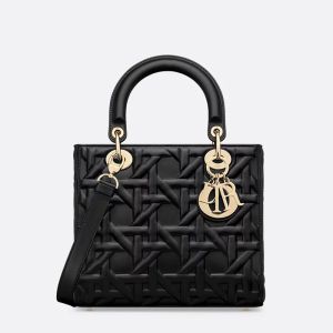 Medium Lady Dior Bag In Graphic Cannage Calfskin Black
