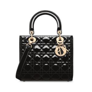 Medium Lady Dior Bag In Patent Cannage Calfskin Black/Gold