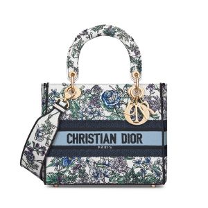 Medium Lady D-Lite Bag In Flowers Constellation Embroidery White/Blue