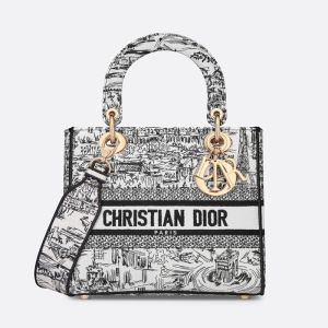 Medium Lady D-lite Bag Paris Allover Motif Canvas White