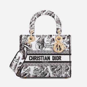 Medium Lady D-lite Bag Plan de Paris Motif Canvas White