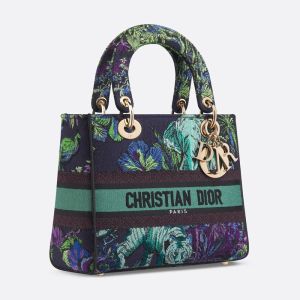 Medium Lady D-lite Bag In Toile de Jouy Voyage Motif Canvas Blue