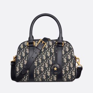 Medium Dior D-Vibe Bowling Bag In Oblique Motif Canvas Blue