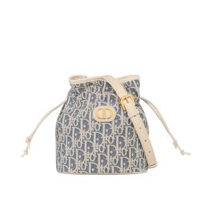 Mini Dior 30 Montaigne Bucket Bag In Oblique Chambray Raffia Blue