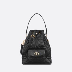 Small Dior Caro Bucket Bag In Macrocannage Lambskin Black