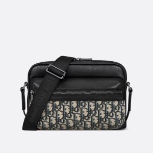 Small Dior Rider 2.0 Zipped Messenger Bag In Grained Calfskin and Oblique Motif Canvas Black/Blue