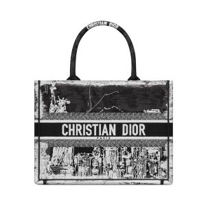 Dior Book Tote In New York Embroidery Black/White