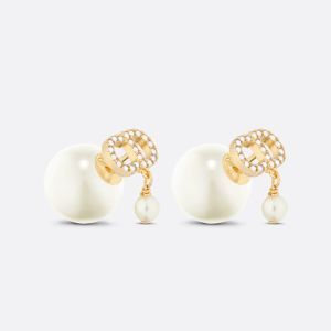 Dior Tribales CD Earrings In Metal with Resin Pearls and Clair D Lune Embellished Crystals and Dangling Resin Pearls Gold