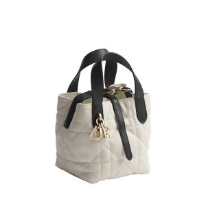 Nano Dior Toujours Vertical Tote Bag In Macrocannage Calfskin White/Black