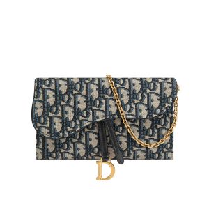 Small Dior Saddle Pouch with Chain In Oblique Jacquard Blue