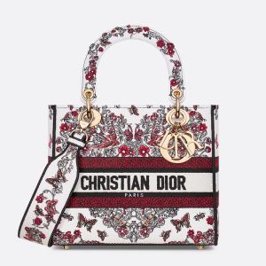 Medium Lady D-Lite Bag In Dioramour Coeur des Curiosities Embroidery White