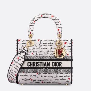 Medium Lady D-Lite Bag In Dioramour Je Vous Adore Embroidery White