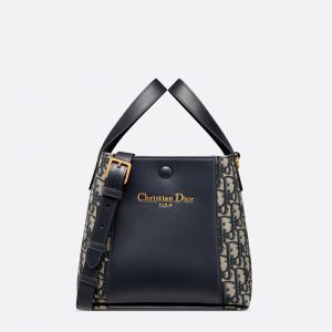 Small Dior Signature Bucket Bag In Oblique Motif Canvas and Smooth Calfskin Blue