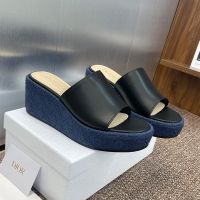 Attitude Dior Wedge Slides Women Calfskin and Cannage Raffia Black/Blue
