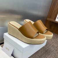 Attitude Dior Wedge Slides Women Calfskin and Cannage Raffia Brown
