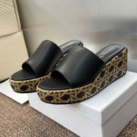 Attitude Dior Wedge Slides Women Calfskin and Graphic Cannage Raffia Black