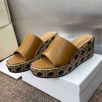 Attitude Dior Wedge Slides Women Calfskin and Graphic Cannage Raffia Brown