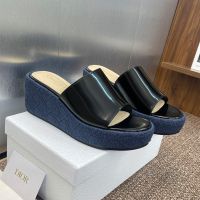 Attitude Dior Wedge Slides Women Patent Leather and Cannage Raffia Black/Blue