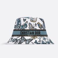 Christian Dior Bucket Hat In Toile de Jouy Mexico Motif Cotton White/Blue