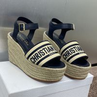 Christian Dior Dway Wedge Sandals Women Raffia Navy Blue