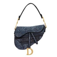 Christian Dior Saddle Bag In Toile de Jouy Motif Denim Navy Blue