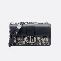 Dior 30 Montaigne East-West Bag With Chain In Oblique Motif Canvas and Smooth Calfskin Blue