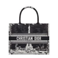 Dior Book Tote In Paris Eiffel Tower Motif Canvas Black