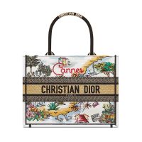 Dior Book Tote In Souvenir Cannes Embroidered Raffia White