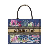 Dior Book Tote In Souvenir Paris Embroidered Raffia Blue