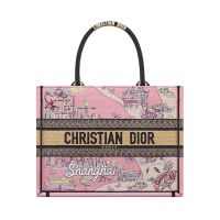 Dior Book Tote In Souvenir Shanghai Embroidered Raffia Pink