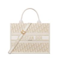 Dior Book Tote with Strap In Oblique Jacquard and Calfskin White/Gold