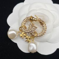 Dior Hoop Earrings Metal with Crystals, Resin Pearls and Clover Charms Gold
