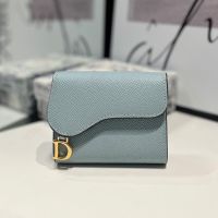 Dior Saddle Trifold Wallet In Grained Calfskin Blue
