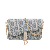 Medium Dior Saddle Pouch with Chain In Oblique Chambray Raffia Blue