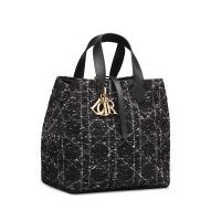 Dior Toujours Vertical Tote Bag In Cannage Tweed Black
