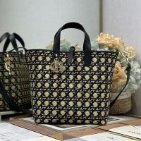 Dior Toujours Vertical Tote Bag In Graphic Cannage Raffia Beige/Black