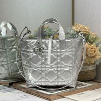 Dior Toujours Vertical Tote Bag In Macrocannage Calfskin Silver