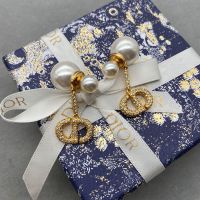 Dior Tribales Earrings Metal with Resin Pearls and CD Navy Drop Signatures Embellished Crystals Gold
