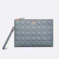 Large Dior Caro Daily Pouch In Supple Cannage Calfskin Sky Blue