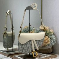 Medium Dior Soft Saddle Bag with Strap In Oblique Chambray Raffia and Smooth Calfskin Blue