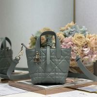 Nano Dior Toujours Vertical Tote Bag In Macrocannage Calfskin Grey