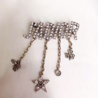 J'Adior Brooch Antique Metal with J'Adior Signature, Bee, Star, Clover Charms Embellished Crystals Gold