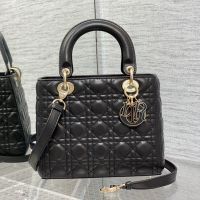 Medium Lady Dior Bag In Enamel Cannage Lambskin Black