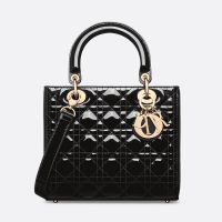 Medium Lady Dior Bag In Patent Cannage Calfskin Black/Gold