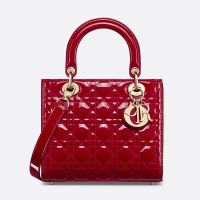 Medium Lady Dior Bag In Patent Cannage Calfskin Red/Gold