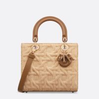 Medium Lady Dior Bag In Graphic Cannage Raffia Beige